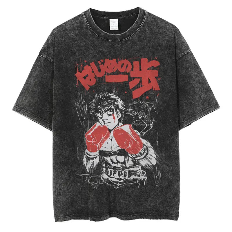 Anime Hajime No Ippo Washed Vintage T-shirt Kamogawa Boxing Gym Harajuku T-shirts Makunouchi Takamura KGB Loose Cotton T Shirt