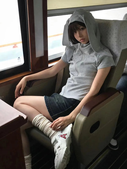 Japanese Y2k Hooded T-shirt Vintage 2000s Style Rabbit Ears Zipper Tops Harajuku Short Sleeve Thin Jacket Korean Popular