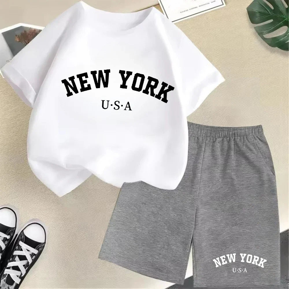 New York letter pattern boy and girl T-shirt+shorts 2-piece set