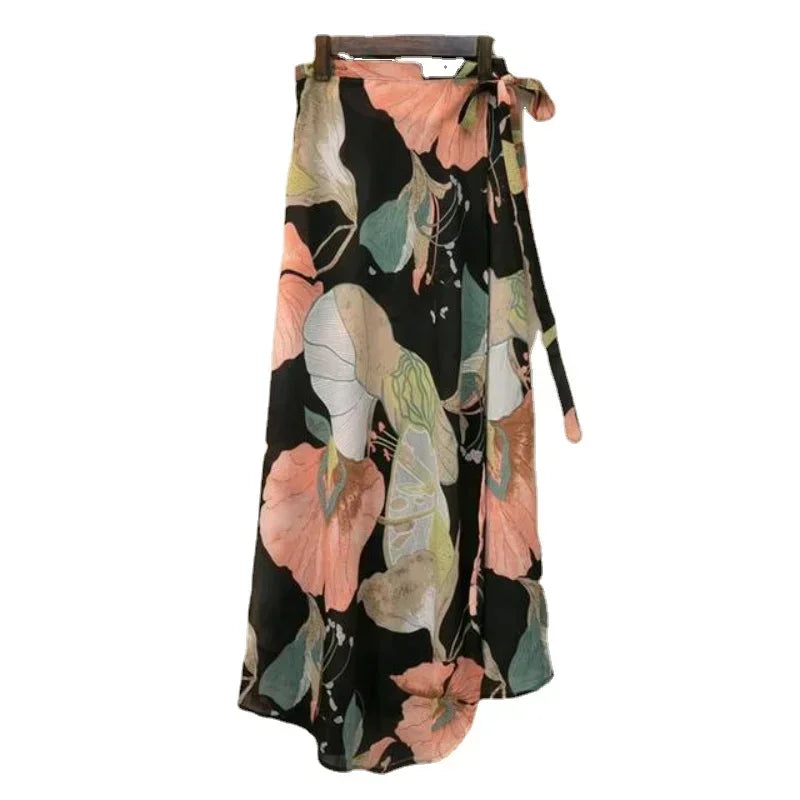 Wrap Skirts Women Casual Chiffon Tie-Waist Ruffle Wide Leg Loose