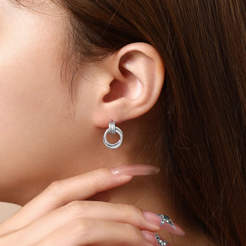 Vintage Double Hoop Design S925 Silver Earrings 18KGold Plated Steel Texture Geometric Stud Earring Women for Party
