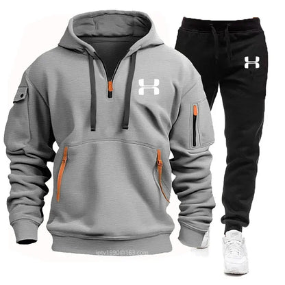 Men new autumn and winter multi-pocket zipper long-sleeved hoodie + sports and leisure pants two-piece fitness jogging suit