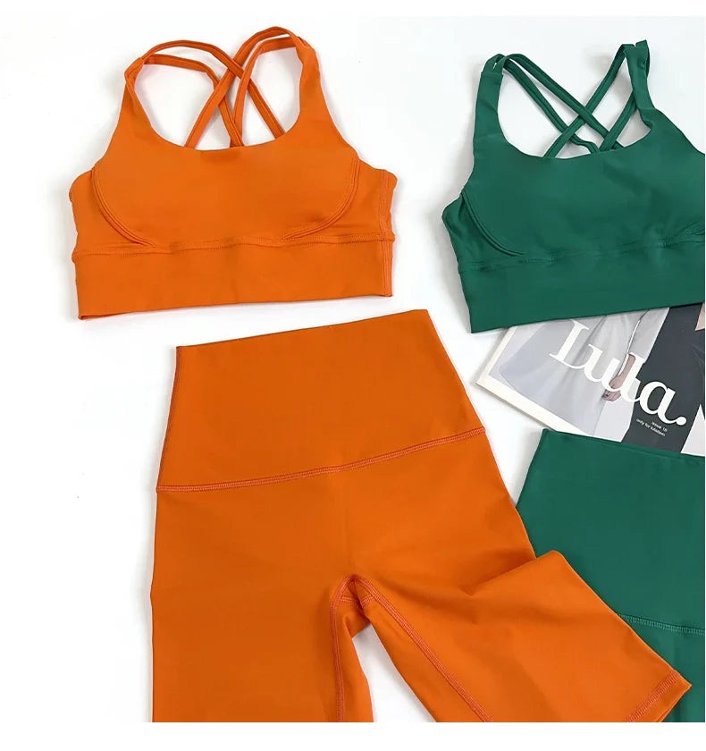 2 Pieces Yoga Shorts Gym Sports Sets Women Fitness Suits Cross Back Bra Top High Waist Shorts Running Workout Tracksuit👚👍️