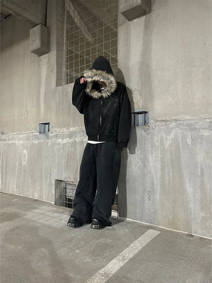 Autumn/Winter Y2k Women Aesthetic Harajuku Faux Fur Collar Hoodies Clothes Graphic Hip Hop Punk Gothic Zip Up Hoodies 2026 new