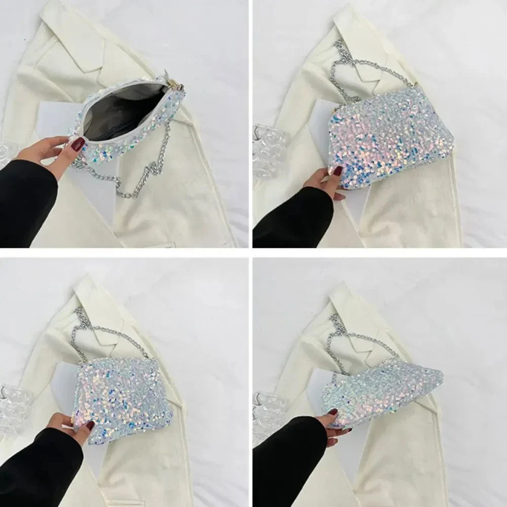 Solid Color Sequins Crossbody Bag Simple Chain INS Small Square Bag Handbag Underarm Bag Evening Clutch Bag Female