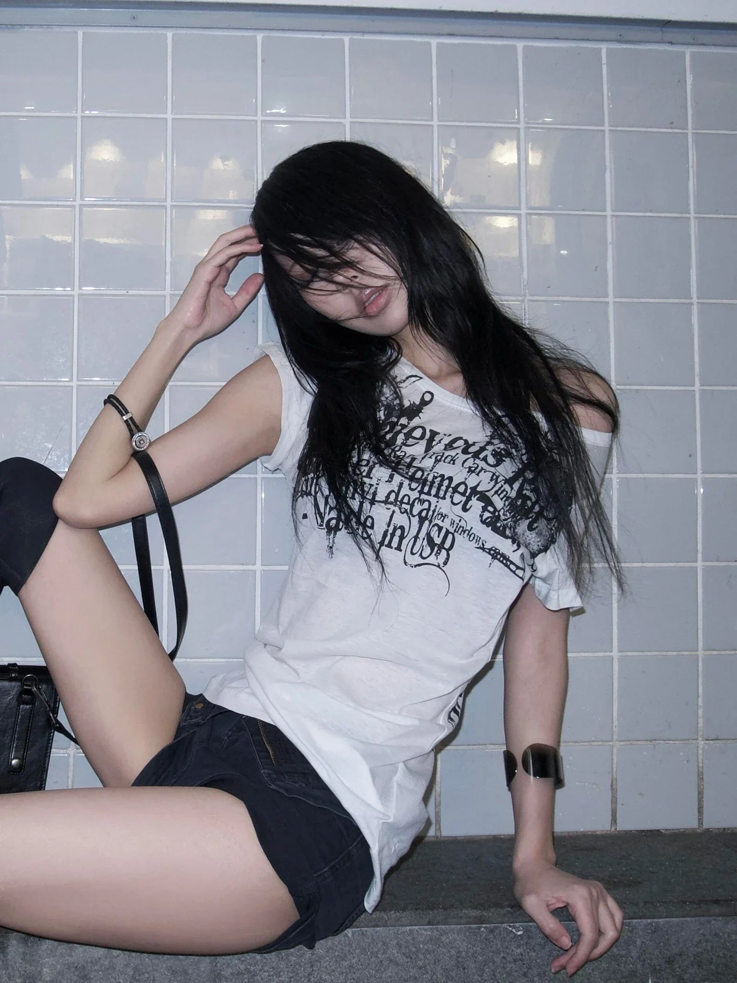 Japanese Y2k Letter Print T-shirt Trashy 2000s Style Tattoo T Shirt Vintage Harajuku Short Sleeve Sheer Tops Grunge Goth