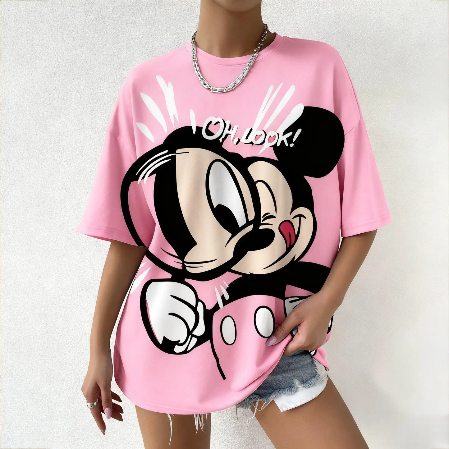 Summer Mickey Mouse Oh Look Printed Women Tshirt Cartoon Graphic Tee Oversized Vintage Streetwear Fashion Y2k Tops