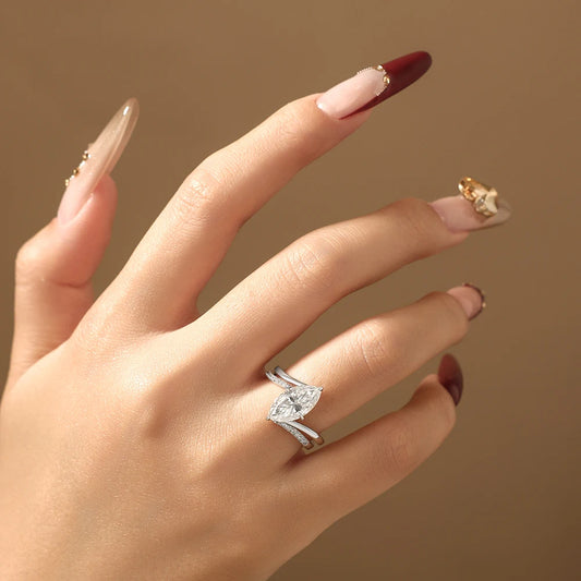 Luxury Marquise Cut Moissanite Stacking Rings S925 Silver Split Shank Engagement Band Women Bridal Sets Wedding Jewelry