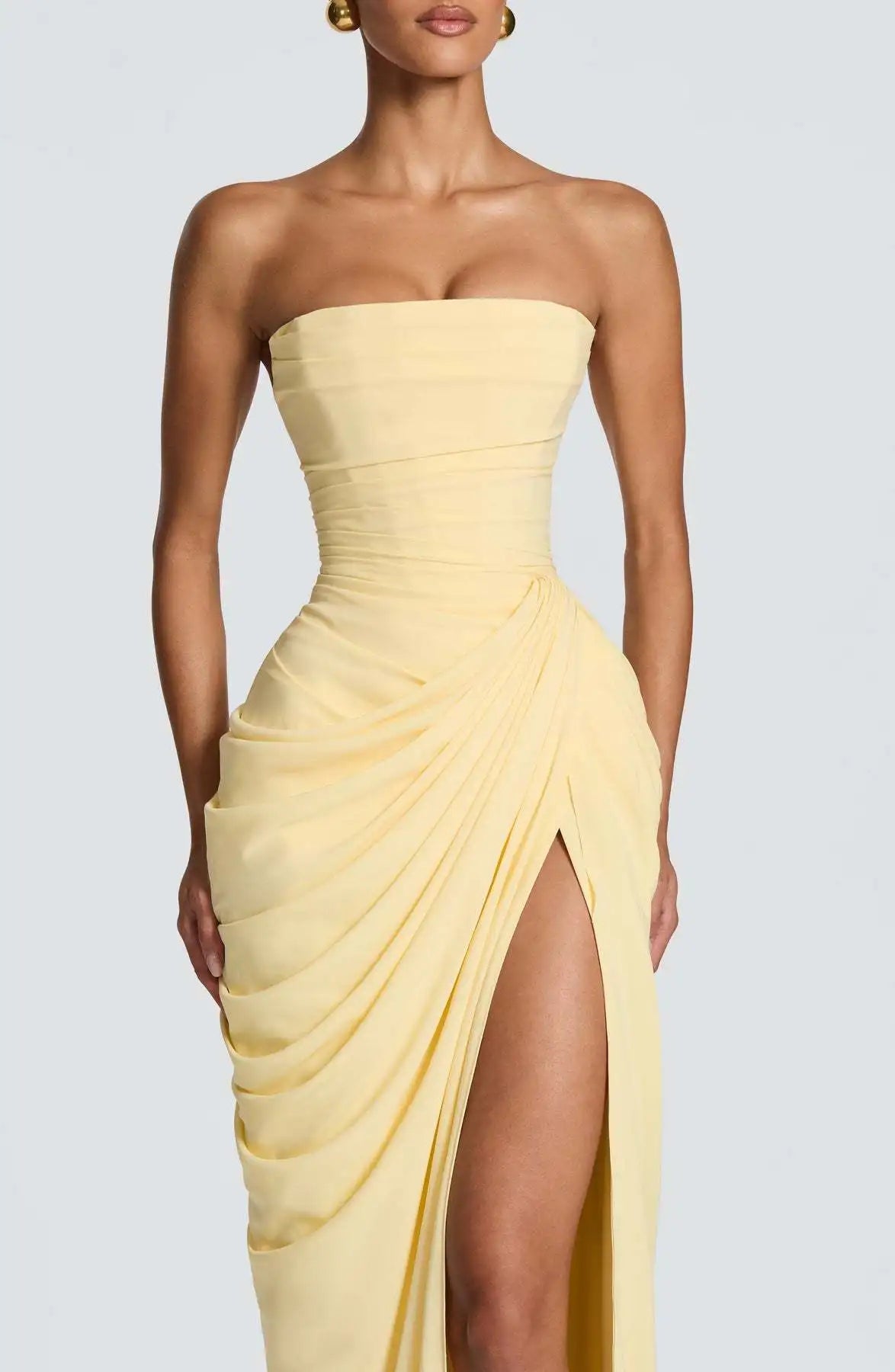 Women Sexy Solid Pleated Strapless Dress Lady Chic Off-shoulder Backless High Waist Split Dresses 2026 New Evening Party Gown