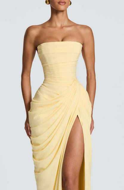 Women Sexy Solid Pleated Strapless Dress Lady Chic Off-shoulder Backless High Waist Split Dresses 2026 New Evening Party Gown