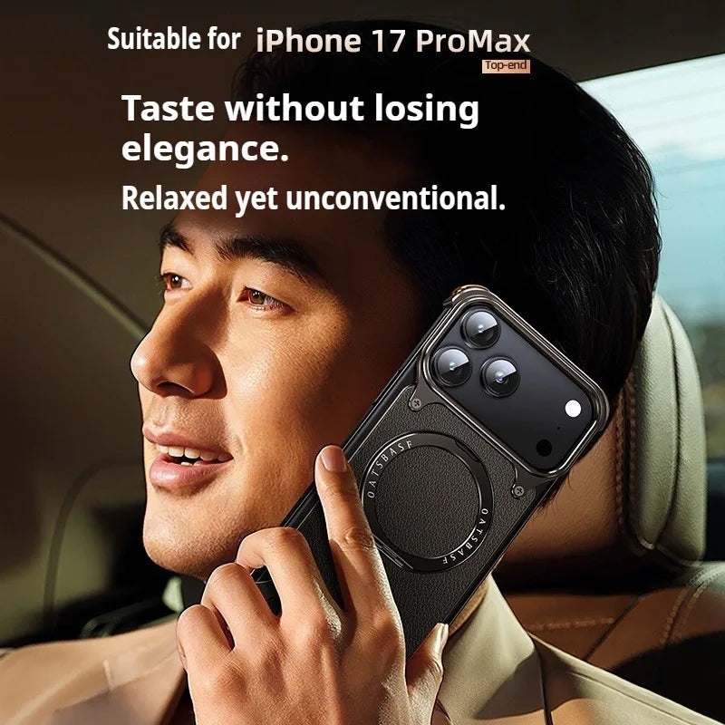 iPhone 17 Pro Max Air Phone Case Genuine Leather Magsafe Frameless Shell With 360°Rotate Magnetic Stand Anti-Drop Cover