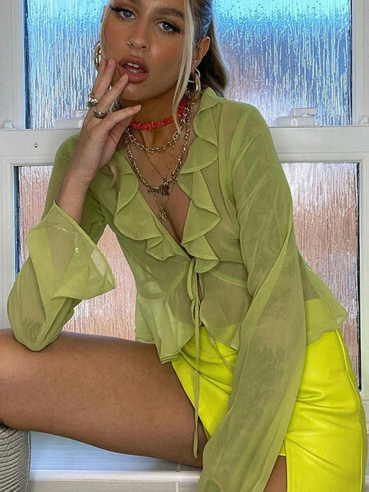 2025 Women Fungus Lace Solid See Through Silk Flare Sleeve V Neck Crop Tank Fashion Casual Sweet Girl Top