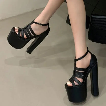 Sexy Hollow-out Ultra High Heels Design Narrow Band Buckle Strap Sandals Women Shoes Peep Toe Nightclub Zapatos Mujer