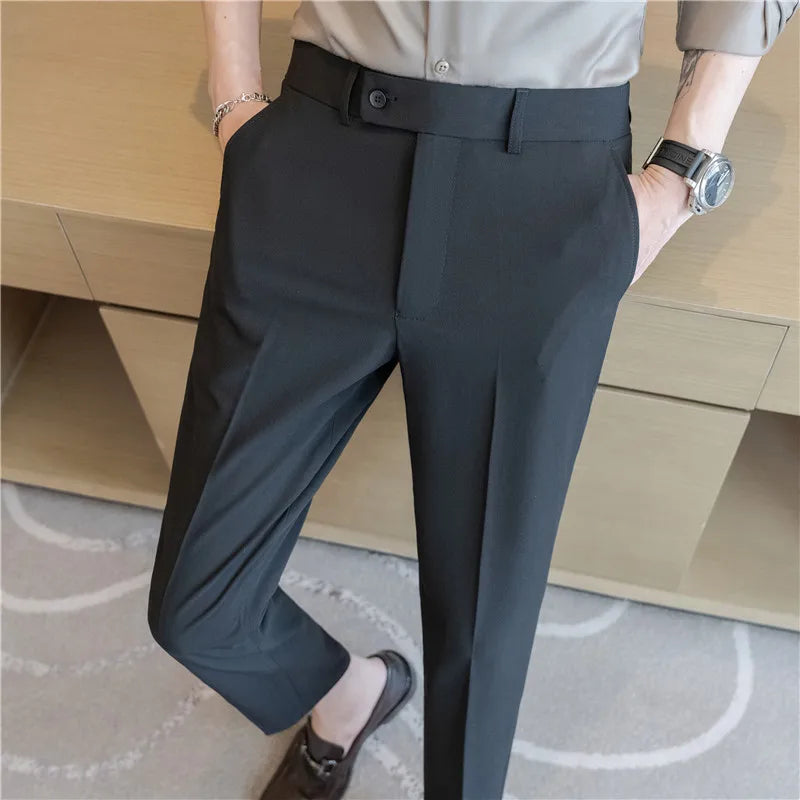 Stretch Solid Color Men's Trousers, Suitable for Business Casual, Parties, Formal Events, and Ankle-length Slim Pants.28-40