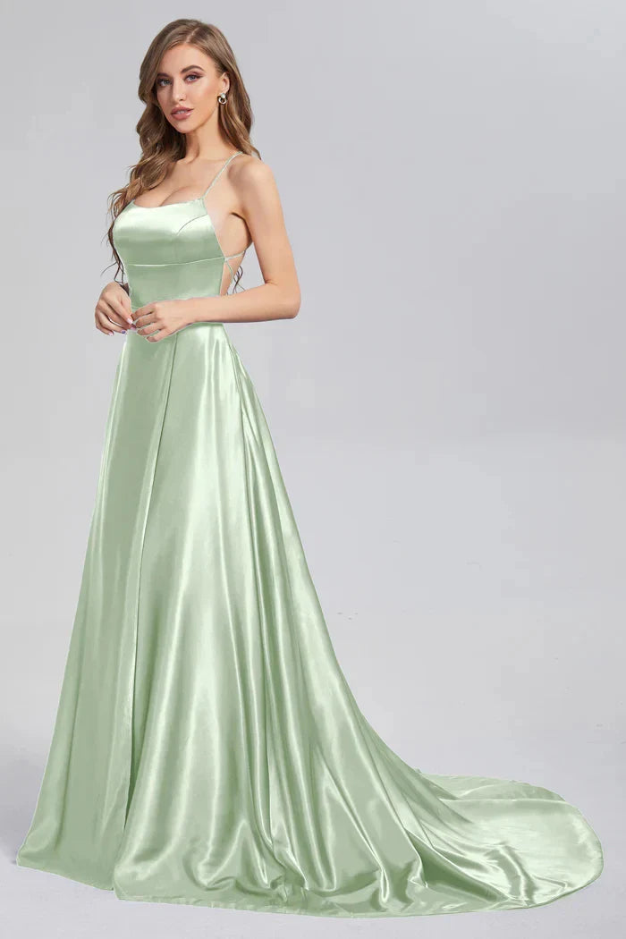 Vestido de Madrinha em Cetim, Estilo Evasê, Fenda, Decote Drapeado, 3 Estilos, com Amarrações, para Eventos Especiais, Vestido de Noite, Vestido de Formatura