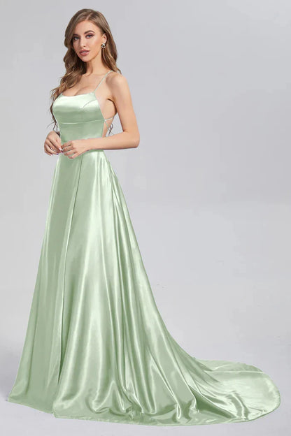 Vestido de Madrinha em Cetim, Estilo Evasê, Fenda, Decote Drapeado, 3 Estilos, com Amarrações, para Eventos Especiais, Vestido de Noite, Vestido de Formatura