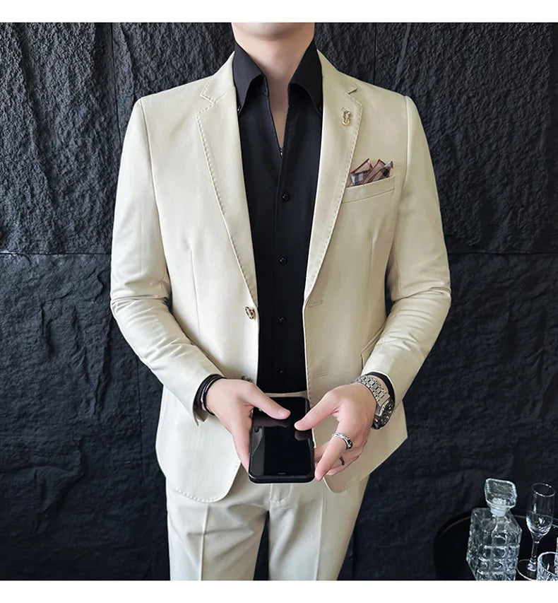 Men's Korean Style Slim Fit Suit Set, High Quality Fabric Solid Color Edge Pressing for Wedding Business