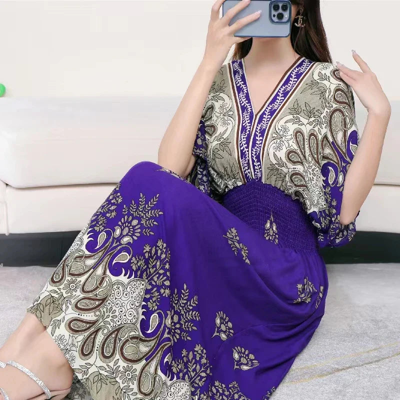 Flower V-neck Elastic Youthful Bohemian Sweet Midi Dress Woman Clothes Chic Fashion Summer Dresses 2025 Large Swing Ski