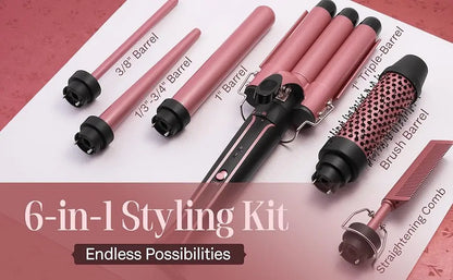 Curling Iron Set 6-in-1 Hair Curler with 3 Barrel Hair Crimper, Hair Straightener - Waver Heating Styling Tools for Women