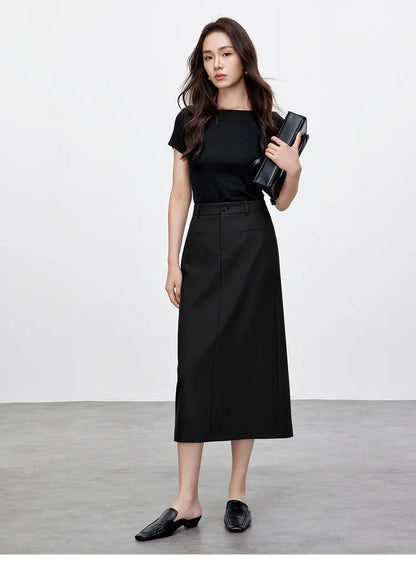 Retro Straight Tube Midi Skirt For Women Spring 2026 Preppy Style High Waist Slimming Split Mid Length Skirt 151Q59211