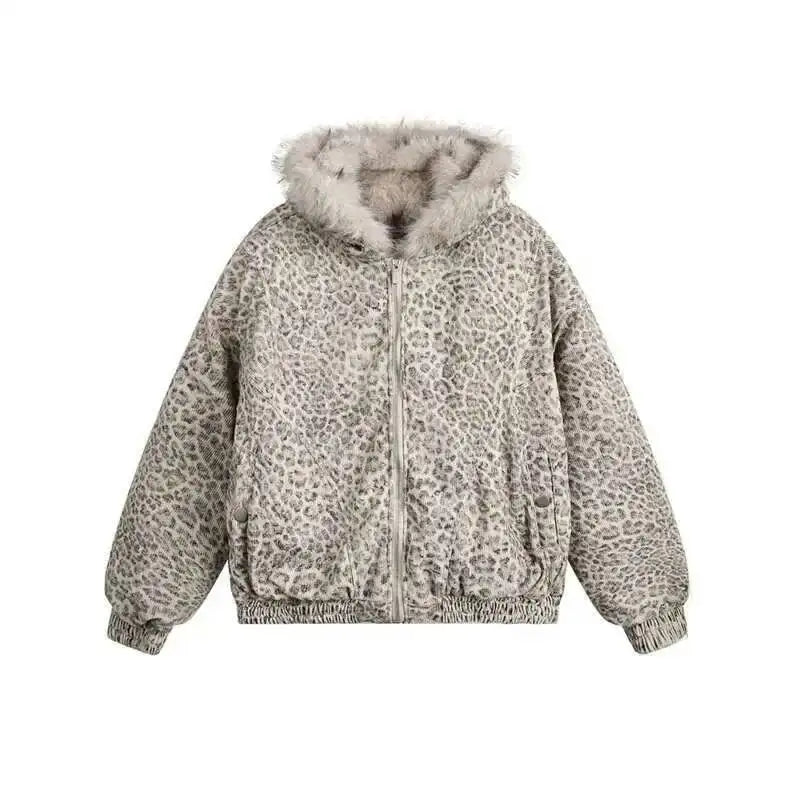 Niche Design Men's Fleece Jackets Hooded Leopard Print Fur Thick Padded Coats Thermal Contrast Color Male Clothing CPG2405