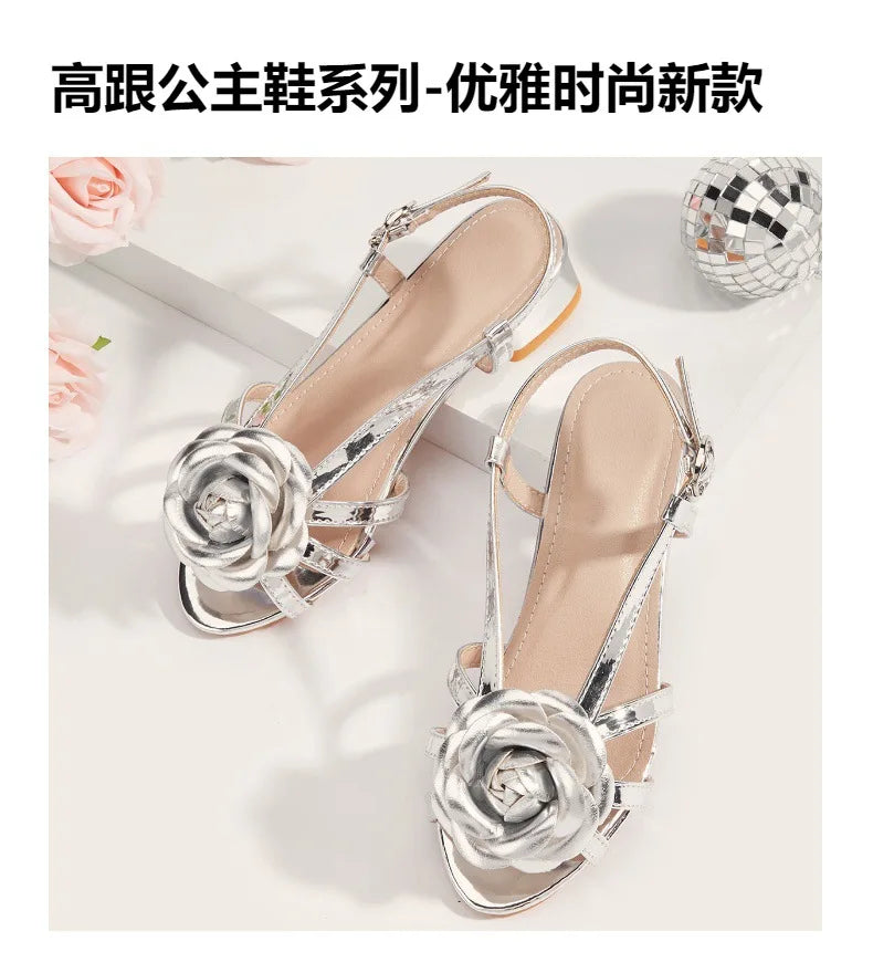2025 Summer New Children's High Heels Fashion Flower Girls' Princess Sandals Silver Kid's Performance Dance Shoes 5-10 Years Old