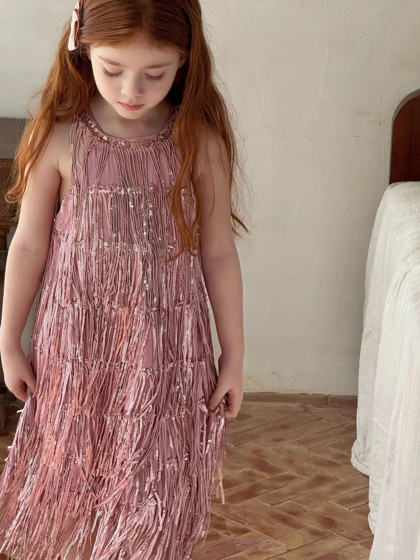 Vestido Infantil Meninas 2025 Verão Novo Moda Infantil Vestido de Borla Brilhante de Luxo Vestido de Aniversário para Meninas
