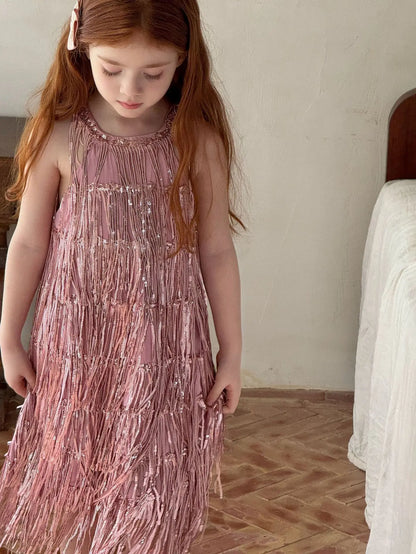 Vestido Infantil Meninas 2025 Verão Novo Moda Infantil Vestido de Borla Brilhante de Luxo Vestido de Aniversário para Meninas