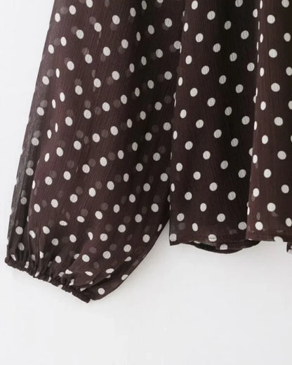 Elegant Women Polka Dot Blouse, Spring Bow Tie Lantern Sleeve Layered Neck Chiffon Shirt, Casual Daily Office Top