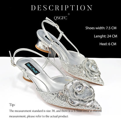 New Arrival Fashion Flower Design Party Wedding Royal Blue Color Pointed Toe Women Shoes and Bag Set Decorated With Rhinestone