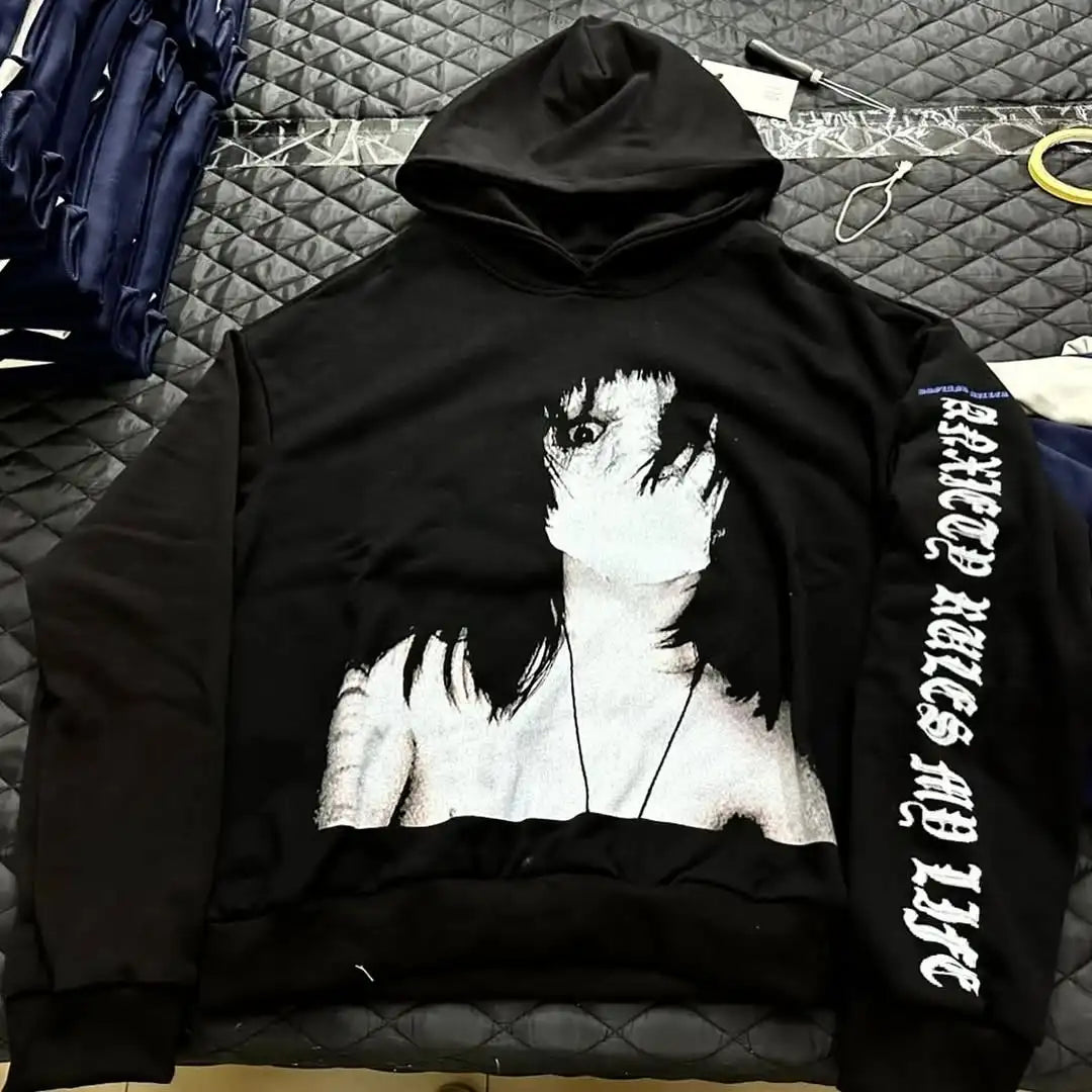 Mens Black Hooded Graphic Hoodie Horror Character Print Thriller Style Streetwear Unique Creative Design Express Individuality