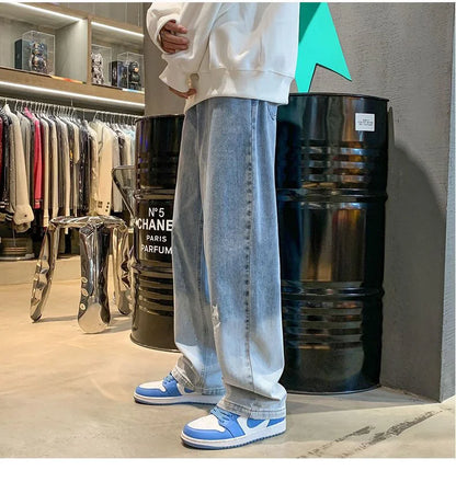Harajuku Smile Print Baggy Pants Men Streetwear Wide Leg Oversize Jeans Vintage Y2k Straight Long Trousers Male 2024 Fashion