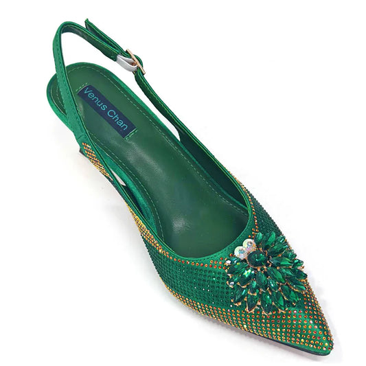 Italian Design Rhinestone Luxury Green Colour Pointed Toe Shoe & Bag Set Women's High Heels for Parties High Quality