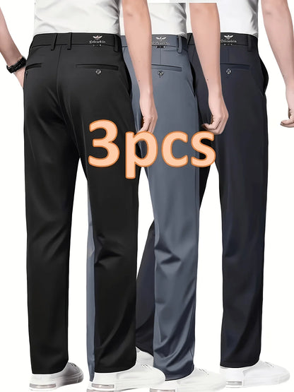 3 Pieces Men's Straight Leg Stretch Suit Pants Combo, Business Casual Trousers, Lightweight Breathable All-Season Office Pants