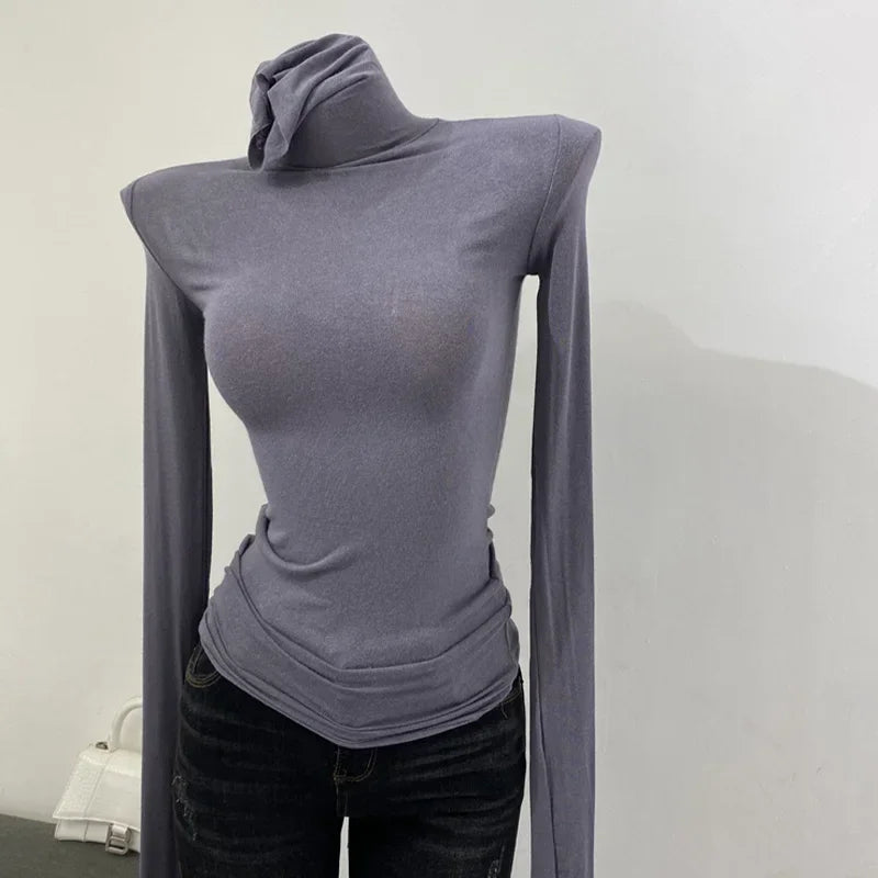 Slim High Quality Plain T Shirt Women Cotton Elastic Basic Female Tops Long Sleeve Sexy Thin T-shirt See Through