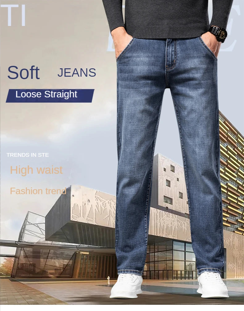 New Autumn and Winter  Plus Size 40 42 44 Men Straight Loose Jeans Business Fashion Denim Stretch Pants Male Brand Trousers