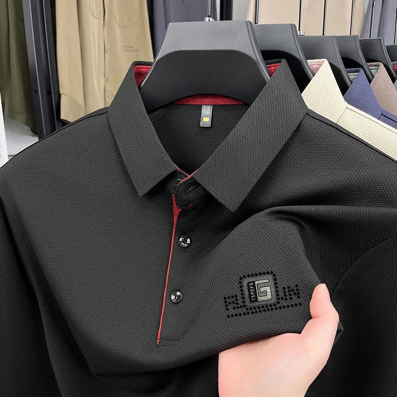 High End Brand Quality Men's Polo Shirt Autumn Exquisite Solid Color Letter Print Lapel Long Sleeve Business Classic Menswear