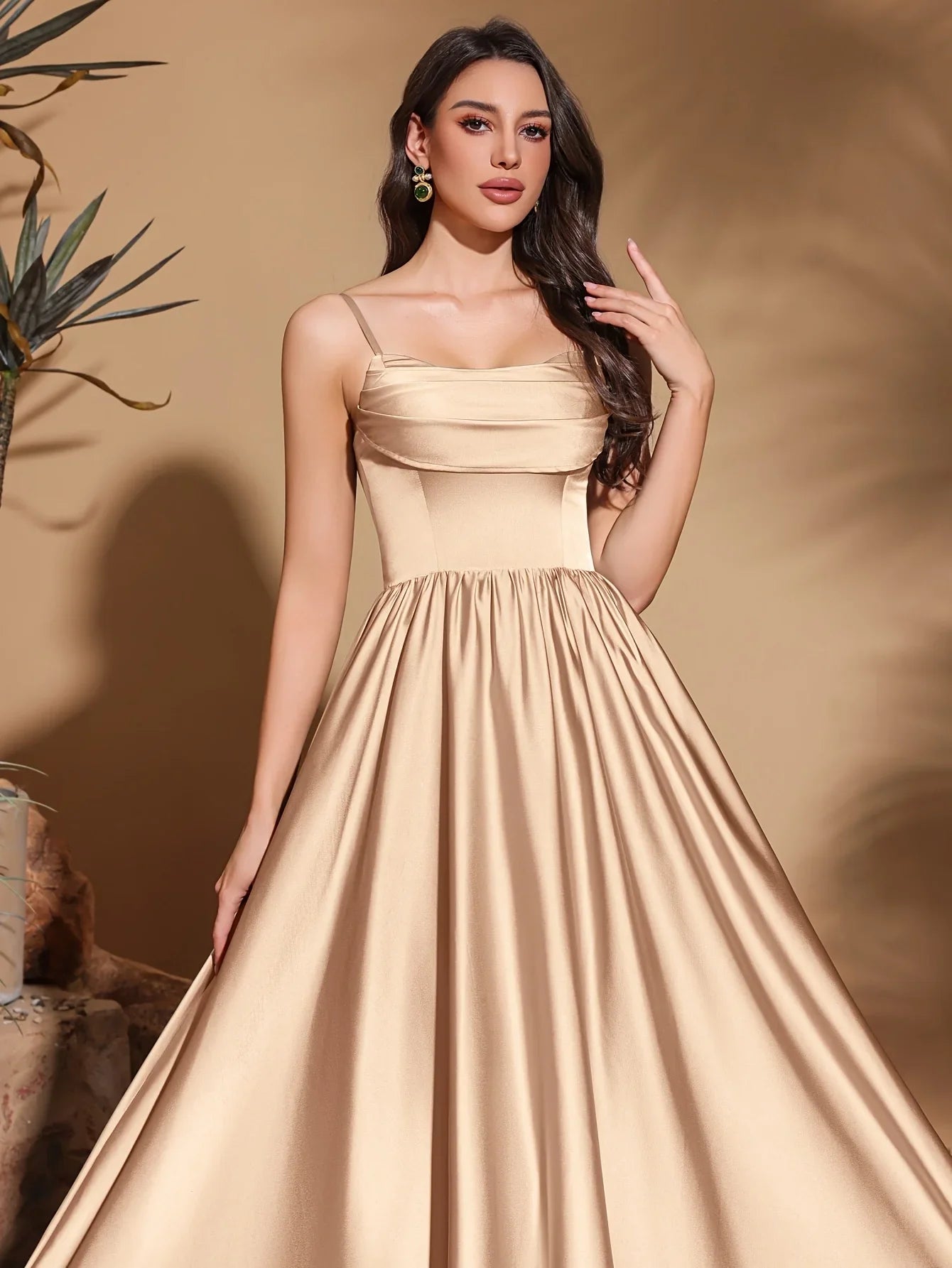 Strapless chest pleated satin high waist floor-length gown, women's long dress, party dress