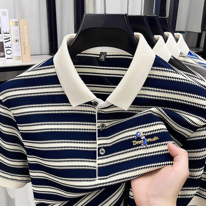 2025 Summer New Men's Polo Shirt Business Casual Collar Short Sleeve Men's Fashion Printed Stripe Half Sleeve Top