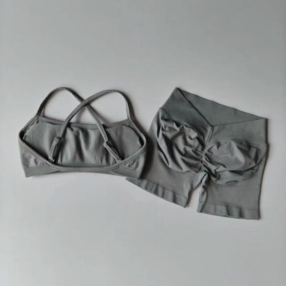 Seamless 2PCS Leggings Set Women Seamless Yoga Set High Waist Scrunch Butt Shorts With Halter Sports Bras Workout Gym Suit Set