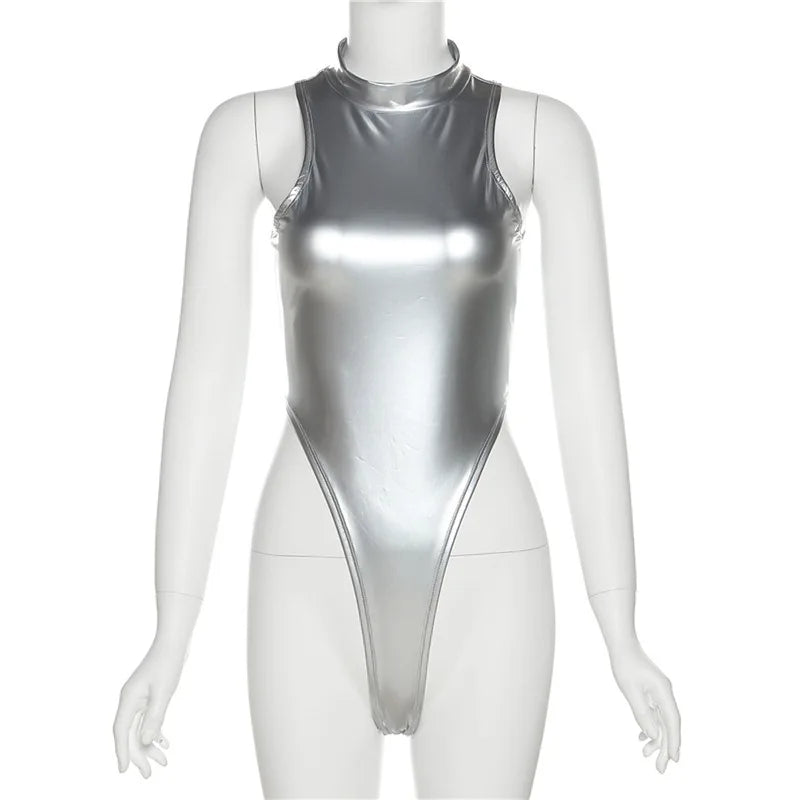 Summer Sleeveless Sexy Bodysuit Slim Silver Y2k Clothes Skinny High Waist One-pieces Women O-neck Hot Bodys Para Mujer De Vestir