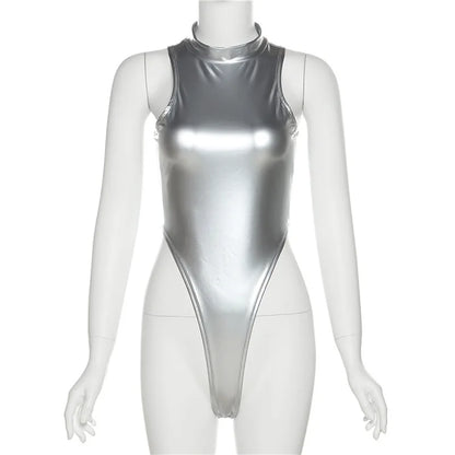 Summer Sleeveless Sexy Bodysuit Slim Silver Y2k Clothes Skinny High Waist One-pieces Women O-neck Hot Bodys Para Mujer De Vestir