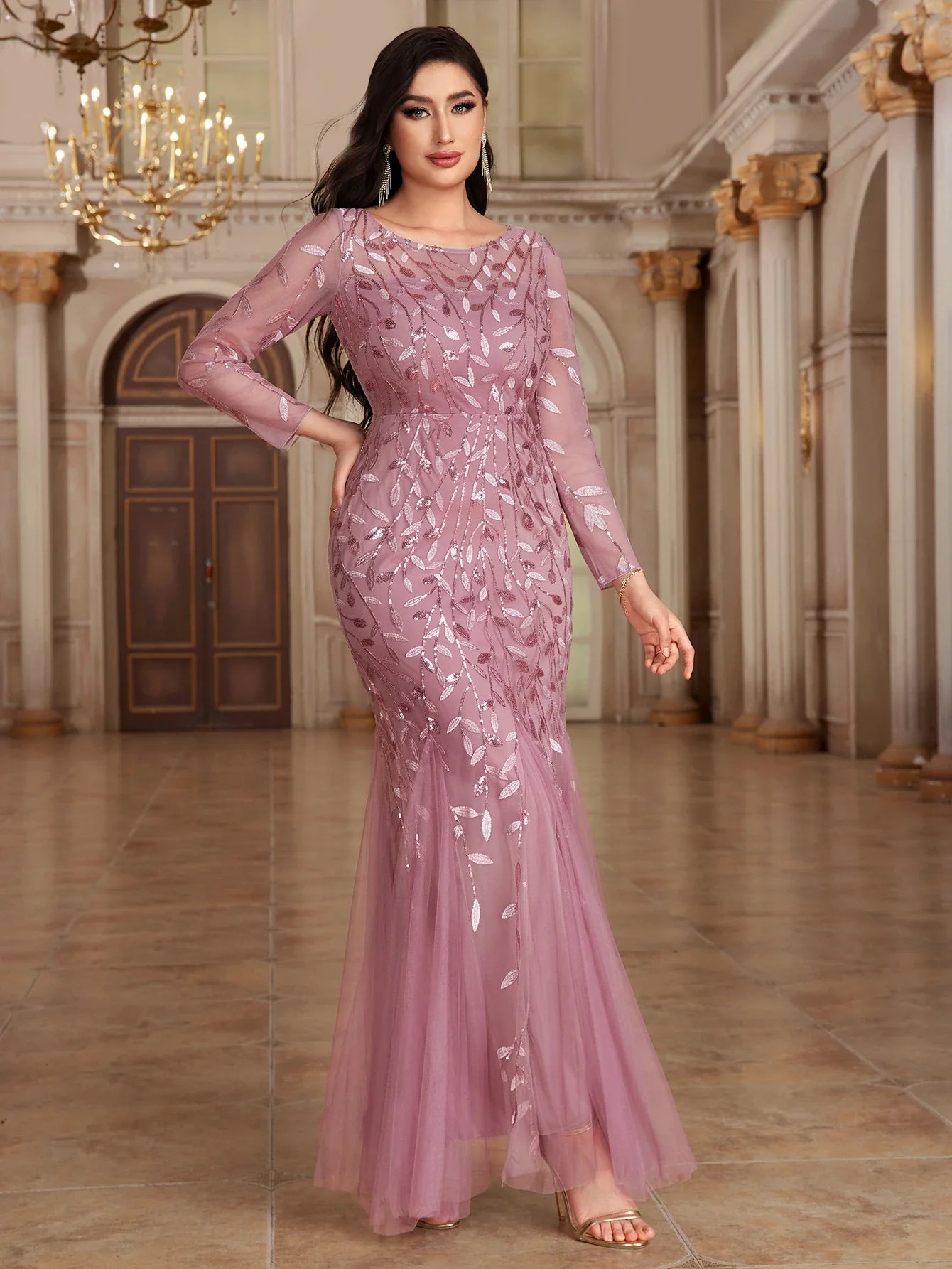 2024 Plus Size Evening Dresses Mermaid O Neck Full Sleeve Lace Appliques  vestidos elegantes  party dress  long