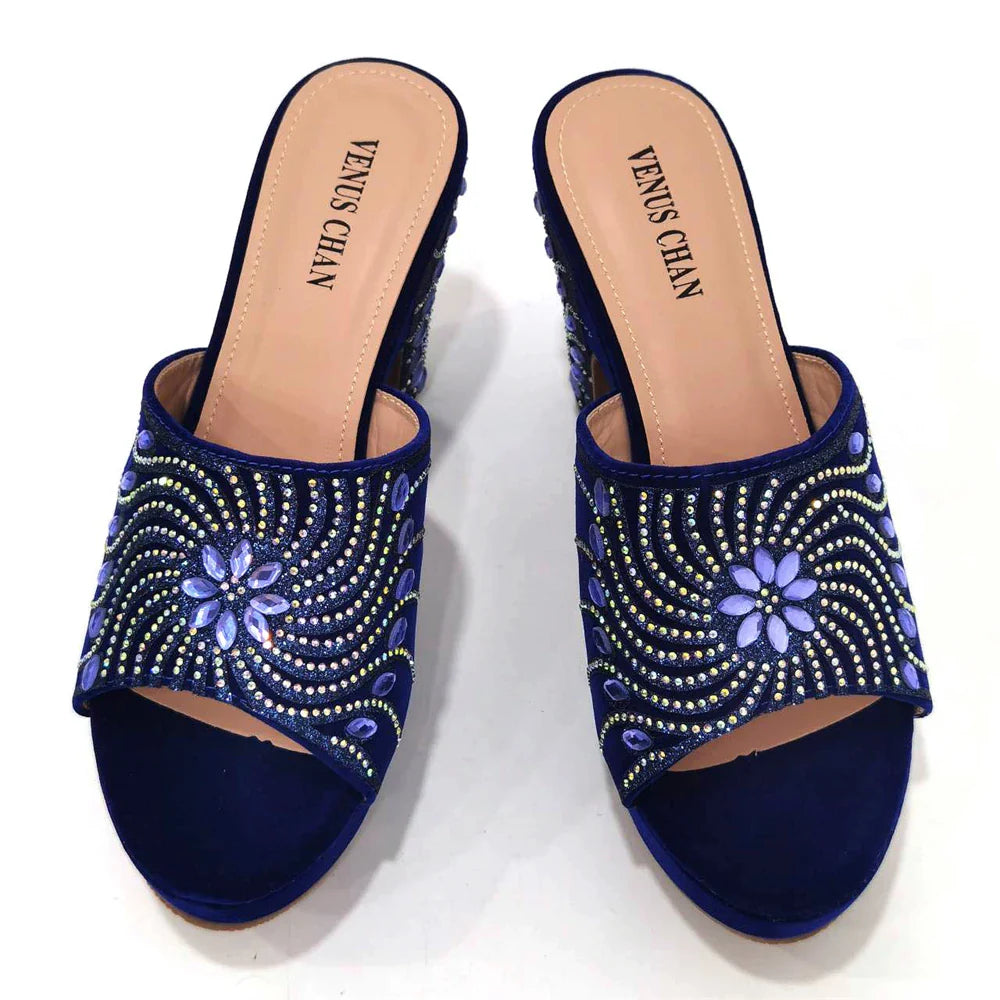 The Latest Italian Design Rotary Rhine-Diamond Floral Thick Heel Platform Women's Comfortable Shoes Bag and Shoe Set