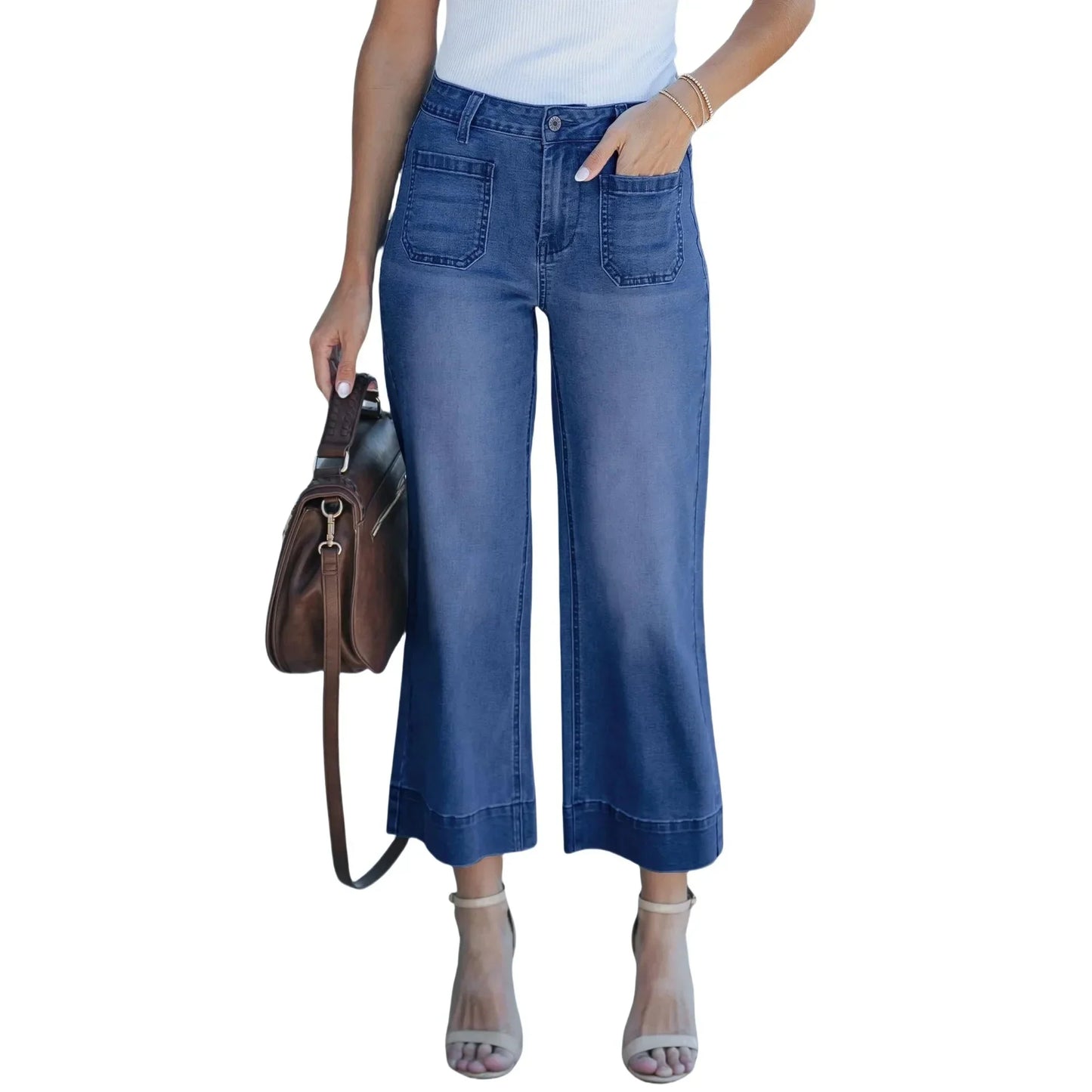 Fashionable Casual Straight Leg Jeans Washed Denim Nine-Piece