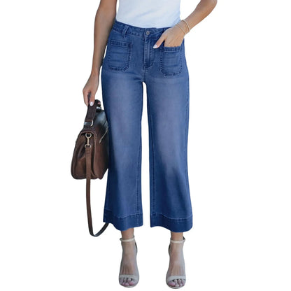 Fashionable Casual Straight Leg Jeans Washed Denim Nine-Piece