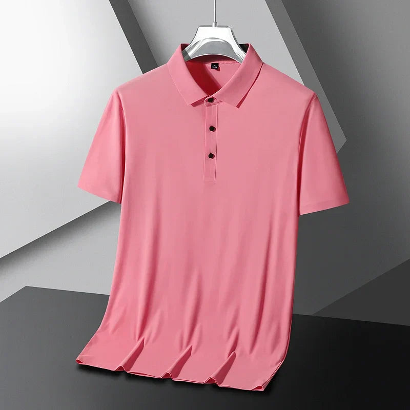 Summer Ice Silk Polo Shirt High-End T-Shirt Solid Color New Half Sleeve Non-Marking Casual Lapels Business Thin Menswear 2025