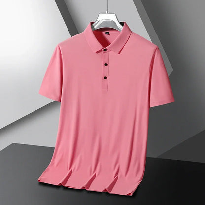 Summer Ice Silk Polo Shirt High-End T-Shirt Solid Color New Half Sleeve Non-Marking Casual Lapels Business Thin Menswear 2025