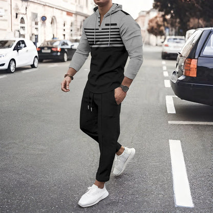 New Men's Waffle Casual Set Outdoor Four Seasons Versatile Trendy Stripe Color blocked Hoodie, Casual Pants Two Piece Set