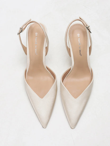 Women's Ivory Satin Pointed-Toe Slingback Heeled Sandals